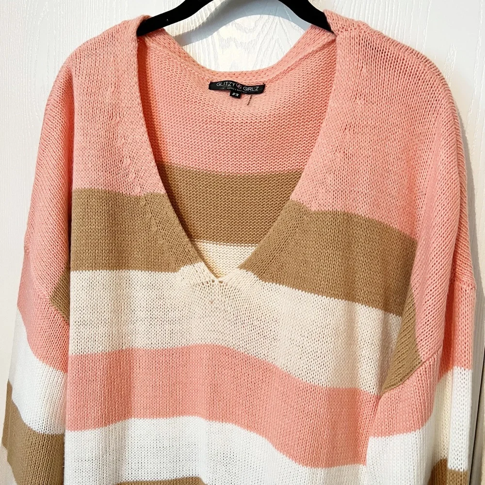 SOLD! [Glitzy Girlz] Neutral Stripe V-Neck Pullover Sweater - Picture 4 of 9